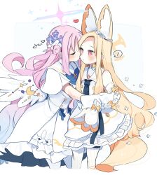 Rule 34 | !, 2girls, absurdly long hair, angel wings, animal ears, blonde hair, blue archive, blush, buttons, capelet, closed eyes, commentary request, cowboy shot, cropped legs, cruciform halo, detached sleeves, dress, feathered wings, flower, fox ears, frilled dress, frills, hair bun, hair flower, hair ornament, halo, heart, kiss, long hair, long sleeves, low wings, mika (blue archive), multiple girls, orange eyes, pantyhose, parted bangs, parted lips, pink hair, pink halo, seia (blue archive), side up bun, sidelocks, simple background, single side bun, sleeveless, sleeveless dress, spoken exclamation mark, standing, striped clothes, striped pantyhose, surprise kiss, surprised, vertical-striped clothes, vertical-striped pantyhose, very long hair, white background, white capelet, white dress, white pantyhose, white sleeves, white wings, wide sleeves, wings, yellow halo, yun (dust-i1), yuri