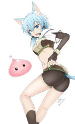Rule 34 | 1girl, animal ears, ass, bike shorts, blue eyes, blue hair, blush, breasts, cameltoe, cat ears, cat tail, fingerless gloves, gloves, highres, long sleeves, looking at viewer, nutto, open mouth, poring, short hair, short shorts, shorts, sinon, sinon (sao-alo), socks, sword art online, tail