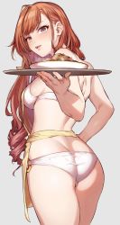 Rule 34 | 1girl, apron, ass, back, bare arms, bare shoulders, bikini, blush, brown eyes, character request, commentary request, copyright request, curvy, food, from behind, hand on own hip, highres, hip focus, holding, holding tray, ikarin, legs, long hair, looking at viewer, looking back, open mouth, original, plate, red hair, sidelocks, solo, sweat, sweatdrop, swimsuit, teeth, thick thighs, thighs, tongue, tray, white bikini, wide hips, yellow apron