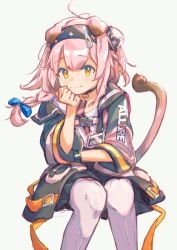Rule 34 | 1girl, animal ears, arknights, black hairband, black skirt, blue ribbon, bracelet, braid, cat ears, cat girl, cat tail, closed mouth, clothes writing, coat, driftingtiger, feet out of frame, goldenglow (arknights), hair ribbon, hairband, hand on own cheek, hand on own face, highres, id card, infection monitor (arknights), invisible chair, jewelry, lightning bolt print, long hair, long sleeves, looking at viewer, medium skirt, open clothes, open coat, orange eyes, pink coat, pink hair, ribbon, simple background, single braid, sitting, skirt, smile, solo, tail, thighhighs, white background, white thighhighs