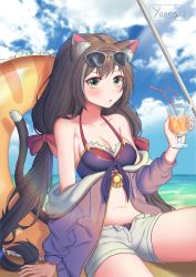 Rule 34 | 1girl, :o, absurdres, animal ear fluff, animal ears, bare shoulders, bikini, black hair, blue sky, blush, breasts, cat ears, cat girl, cat tail, cloud, collarbone, commentary request, cup, day, drinking glass, drinking straw, eyewear on head, frilled innertube, green eyes, highres, holding, holding cup, innertube, jacket, karyl (princess connect!), karyl (summer) (princess connect!), long hair, looking at viewer, low twintails, medium breasts, multicolored hair, navel, newthi, off shoulder, open clothes, open fly, open jacket, open mouth, open shorts, outdoors, princess connect!, purple jacket, short shorts, shorts, sitting, sky, solo, streaked hair, sunglasses, swim ring, swimsuit, tail, twintails, water, white hair, white shorts