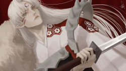Rule 34 | 1boy, armor, bishounen, facial mark, fingernails, forehead mark, highres, holding, holding sword, holding weapon, inuyasha, japanese clothes, katana, long hair, looking at viewer, male focus, parted bangs, pointy ears, q bell, red background, sesshoumaru, sharp fingernails, shoulder armor, shoulder spikes, signature, solo, spikes, sword, upper body, weapon, white hair, yellow eyes