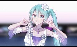 Rule 34 | 1girl, :o, aqua eyes, aqua hair, blurry, blurry background, commentary request, detached sleeves, flower, gesture request, hair flower, hair ornament, hatsune miku, highres, index finger raised, jewelry, letterboxed, long hair, looking at viewer, necklace, open mouth, parang 99, project sekai, solo, twintails, upper body, vocaloid