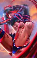 Rule 34 | 1girl, adrian bilozor, artist name, blood, blood on breasts, bloody weapon, blue eyes, blue skirt, breasts, character name, cloud, cloudy sky, cowboy shot, dutch angle, fighting, holding, holding weapon, kill la kill, living clothes, matoi ryuuko, medium breasts, medium hair, multicolored clothes, multicolored hair, multicolored legwear, navel, realistic, revealing clothes, scissor blade (kill la kill), senketsu, showgirl skirt, skirt, sky, solo, streaked hair, suspenders, sword, thighhighs, thighs, underboob, weapon