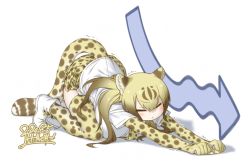 Rule 34 | 1girl, animal ear fluff, arched back, blonde hair, blush, boots, brown hair, cat stretch, cheetah (kemono friends), cheetah ears, cheetah girl, cheetah print, cheetah tail, closed eyes, elbow gloves, gloves, kemono friends, long hair, multicolored hair, necktie, pleated skirt, print gloves, print necktie, print neckwear, print skirt, print thighhighs, shirt, short sleeves, signature, skirt, solo, stretching, thighhighs, translation request, trembling, triangle mouth, white footwear, white shirt, yoshida hideyuki, zettai ryouiki