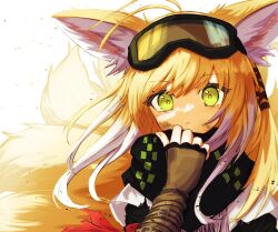 Rule 34 | 1girl, animal ear fluff, animal ears, antenna hair, arknights, black scarf, blonde hair, brown gloves, commentary request, deyuaru, fingerless gloves, fox ears, fox girl, fox tail, gloves, goggles, goggles on head, green eyes, hair tubes, highres, kitsune, kyuubi, long hair, looking at viewer, multicolored hair, multiple tails, official alternate costume, parted lips, scarf, solo, suzuran (arknights), suzuran (lostlands flowering) (arknights), tail, two-tone hair, upper body, white hair