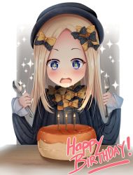 Rule 34 | + +, 1girl, abigail williams (fate), black bow, black dress, black hat, blonde hair, blue eyes, blush, bow, burning, candle, dress, drooling, fate/grand order, fate (series), fire, forehead, fork, hair bow, happy birthday, hat, holding, holding fork, holding spoon, long hair, long sleeves, open mouth, orange bow, parted bangs, polka dot, polka dot bow, puririn, saliva, sleeves past wrists, solo, sparkle, spoon, upper body, very long hair, wavy mouth