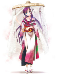 Rule 34 | 1girl, bad id, bad pixiv id, bare shoulders, blue eyes, body blush, breasts, collarbone, floral print, highres, japanese clothes, kimono, light particles, long hair, nail polish, off shoulder, original, parted lips, purple hair, sandogasa, side slit, simple background, solo, standing, tabi, tanedahiwa (carduelini), veil, white background