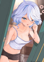 Rule 34 | 1girl, alternate costume, ayamal (mainichi ryokucha), black shorts, blue hair, breasts, camisole, collarbone, colored inner hair, cowboy shot, cowlick, doormat, doorway, drop-shaped pupils, dutch angle, fingernails, furina (genshin impact), genshin impact, grey hair, hand up, heterochromia, highres, light blue hair, medium breasts, mismatched pupils, multicolored hair, navel, open mouth, opening door, pov doorway, short hair, short shorts, shorts, single off shoulder, sleepy, solo, squeans, symbol-shaped pupils, tearing up, twitter username, waking up, wavy hair, white camisole