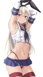Rule 34 | 1girl, armpits, arms behind head, black hairband, black neckerchief, black panties, blonde hair, blush, breasts, cowboy shot, crop top, elbow gloves, gloves, grey eyes, hairband, highleg, highleg panties, highres, kantai collection, kuroame (kurinohana), long hair, looking at viewer, microskirt, navel, neckerchief, panties, sailor collar, shimakaze (kancolle), shirt, simple background, skirt, sleeveless, sleeveless shirt, small breasts, solo, striped clothes, striped thighhighs, thighhighs, underwear, white background, white gloves
