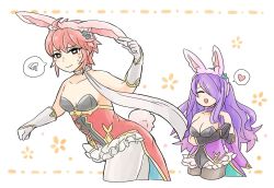 Rule 34 | 2girls, animal ears, black gloves, breasts, camilla (fire emblem), camilla (spring) (fire emblem), choker, cleavage, closed eyes, closed mouth, fake animal ears, fake tail, fire emblem, fire emblem fates, fire emblem heroes, flyer 27, frilled choker, frills, gloves, hair over one eye, heart, hinoka (fire emblem), large breasts, leotard, long hair, multiple girls, nintendo, open mouth, own hands together, purple hair, rabbit ears, rabbit tail, red hair, short hair, small breasts, spoken heart, tail, white gloves, white legwear