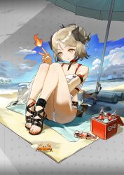Rule 34 | 1girl, :p, absurdres, animal, arknights, bare shoulders, beach, bikini, black footwear, blanket, blue sky, brown hair, closed mouth, cloud, coca-cola, commentary request, cooler, crab, day, fire, glass bottle, hair bun, hand up, highres, horns, ifrit (arknights), infinity symbol, jiang (eaerser), knees up, nail polish, orange eyes, outdoors, parted bangs, sand, sandals, seashell, see-through, shell, sitting, sky, smile, solo, swimsuit, tongue, tongue out, water, white bikini