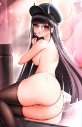 Rule 34 | 1girl, absurdres, arm support, ass, azur lane, black hair, blush, breasts, candy, cleft of venus, demon girl, demon horns, food, from side, half-closed eyes, hand up, hat, highres, holding, holding candy, holding food, holding lollipop, horns, horns through headwear, itacho (itasha draws), lollipop, long hair, looking at viewer, looking back, lying, medium breasts, nipples, noshiro (azur lane), noshiro (dressed-up date) (azur lane), nude, on side, oni, purple eyes, pussy, skindentation, solo, sunglasses, thighhighs, thighs, very long hair