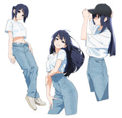 Rule 34 | 1girl, adjusting clothes, adjusting headwear, arm at side, arm under breasts, arms at sides, arms up, baseball cap, black hair, blue eyes, blush, breasts, commentary, denim, hand on own thigh, hat, hibike! euphonium, highres, jeans, kamo kamen, kousaka reina, leaning back, long hair, looking afar, looking at viewer, medium breasts, midriff, multiple views, navel, open fly, open pants, original, pants, reebok, shirt, shoes, simple background, smile, sneakers, solo, standing, straight hair, unbuttoned, white background, white footwear, white shirt