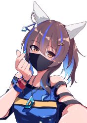 Rule 34 | 1girl, absurdres, animal ears, bare shoulders, black mask, blue nails, bracelet, breasts, brown eyes, commentary request, daitaku helios (umamusume), ear covers, finger heart, fingernails, hair between eyes, hair ornament, hairclip, highres, horse ears, horse girl, jewelry, kakuteru sudachi, looking at viewer, mask, medium breasts, mouth mask, multicolored hair, nail polish, necklace, portrait, selfie, simple background, solo, two-tone hair, umamusume, white background