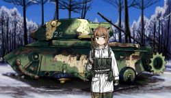Rule 34 | 1girl, :&lt;, animal ears, bad id, bad pixiv id, blush, brown eyes, brown hair, caterpillar tracks, coat, commentary request, day, forest, fox ears, fox girl, fox girl (yihan1949), grass, gun, highres, korean commentary, looking at viewer, m47 patton ii, military, military vehicle, motor vehicle, nature, original, rifle, short hair, snow, solo, standing, tank, tree, trench coat, weapon, yihan1949, yihan world