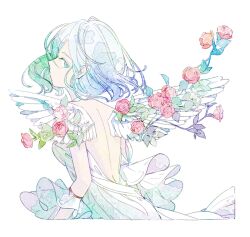 Rule 34 | 1girl, absurdres, aqua eyes, bare back, commentary request, cropped torso, dress, feathered wings, flower, halter dress, halterneck, highres, kazamati soyoka, leaf, looking at viewer, original, pastel colors, pink flower, profile, short hair, sideways glance, simple background, solo, white background, white dress, white wings, wings