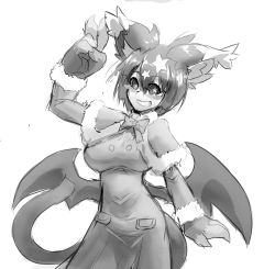 Rule 34 | 1girl, alternate costume, animal ears, animal hands, artist request, blush stickers, bow, capelet, cyzir visheen, familiar (monster girl encyclopedia), fur trim, greyscale, grin, hair ornament, looking at viewer, low wings, monochrome, monster girl, monster girl encyclopedia, short hair, simple background, sketch, smile, solo, star-shaped pupils, star (symbol), star hair ornament, symbol-shaped pupils, tail, v, white background, wings