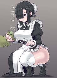 Rule 34 | 1girl, :&lt;, absurdres, animal, apron, ass, black eyes, black footwear, black hair, breasts, expressionless, frills, frog, grey background, hair bun, hair over one eye, highres, maid, maid apron, minami aomori, original, shears, side slit, simple background, single hair bun, solo, squatting, thick thighs, thighhighs, thighs, tiptoes, translated, white thighhighs