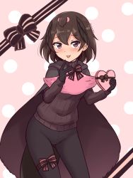 Rule 34 | 1girl, :p, adapted costume, black gloves, black hair, black pants, black sweater, blush, bow, bowtie, box, brown eyes, cape, commentary, gloves, hair between eyes, heart, heart-shaped box, heart-shaped pupils, highres, kemono friends, leg ribbon, long sleeves, looking at viewer, pants, ribbed sweater, ribbon, shiraha maru, short hair, simple background, smile, solo, superb bird-of-paradise (kemono friends), sweater, symbol-shaped pupils, thigh ribbon, tongue, tongue out, turtleneck, twitter username