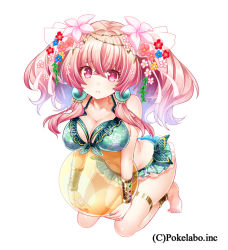 Rule 34 | 1girl, anklet, bad id, bad tumblr id, ball, barefoot, beachball, bikini, blush, bracer, breasts, cleavage, female focus, flower, full body, green bikini, hair flower, hair ornament, hizuki akira, jewelry, large breasts, looking at viewer, pink eyes, pink hair, simple background, solo, swimsuit, thigh strap, twintails, white background