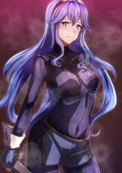 Rule 34 | 1girl, absurdres, alternate breast size, blue bodysuit, blue eyes, blue gloves, blue hair, blue shorts, bodysuit, breasts, commentary, covered collarbone, covered navel, cowboy shot, eyelashes, fire emblem, fire emblem awakening, gloves, gold trim, highres, holding, holding sword, holding weapon, impossible bodysuit, impossible clothes, long hair, long sleeves, looking at viewer, lucina (fire emblem), medium breasts, nintendo, ribbed bodysuit, short shorts, shorts, sidelocks, smile, solo, steaming body, sweat, sweatdrop, sword, tiara, to (tototo tk), very long hair, weapon