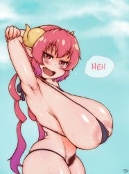 Rule 34 | 1girl, areola slip, armpits, arms behind head, arms up, bikini, black bikini, black pubic hair, blue sky, blush, breasts, day, dragon horns, excessive pubic hair, fang, female pubic hair, fingernails, from side, highres, horns, huge breasts, ilulu (maidragon), inverted nipples, kobayashi-san chi no maidragon, long hair, looking at viewer, low twintails, lowleg, lowleg bikini, micro bikini, mismatched pubic hair, naughty face, nipple slip, nipples, pink hair, pointy ears, pubic hair, randomboobguy, red eyes, sagging breasts, shiny skin, shortstack, sky, slit pupils, solo, spaghetti strap, standing, stretching, summer, sweat, swimsuit, thick thighs, thighs, twintails, wide hips, yellow horns