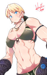 Rule 34 | 1girl, abs, alternate costume, alternate hairstyle, armlet, armpits, bikini, bikini top only, blonde hair, blue eyes, blush, breasts, cammy white, capcom, cleavage, cosplay, covered erect nipples, demento, eyelashes, fiona belli, fiona belli (cosplay), groin, hat on back, highres, hori shin, jewelry, light blush, light frown, looking at viewer, medium breasts, muscular, muscular female, navel, necklace, scar, short hair, simple background, solo, stomach, street fighter, street fighter v, swimsuit, toned, upper body
