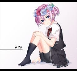 Rule 34 | 1girl, bike shorts, black shorts, black skirt, black socks, black vest, blue eyes, blue flower, blush, collared shirt, commentary request, dated, flower, flower wreath, from side, hair between eyes, hand on own knee, head wreath, hikobae, jewelry, kantai collection, letterboxed, looking at viewer, looking to the side, neck ribbon, no gloves, no shoes, pink hair, pleated skirt, pocket, ponytail, red flower, red ribbon, ribbon, ring, shiranui (kancolle), shirt, short sleeves, shorts, shorts under skirt, sitting, skirt, smile, socks, solo, vest, wedding band, white shirt, wing collar