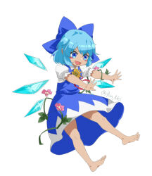 Rule 34 | 1girl, :d, barefoot, blue bow, blue dress, blue eyes, blue hair, blue wings, blush stickers, bow, cirno, collared shirt, detached wings, dress, flower, full body, hair between eyes, hair bow, ice, ice wings, nejikyuu, open mouth, outstretched arms, pink flower, puffy short sleeves, puffy sleeves, shirt, short sleeves, sleeveless, sleeveless shirt, smile, soles, solo, sunflower, tan, touhou, twitter username, white shirt, wings, yellow flower