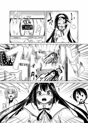 Rule 34 | 1boy, 2girls, puff of air, afterimage, akemi homura, arcade cabinet, black hair, black shirt, character name, check translation, chibi, clenched hand, closed eyes, collared shirt, comic, commentary request, emphasis lines, extra, from side, gakuran, gambling, glasses, greyscale, hair between eyes, hairband, hatching (texture), kyubey, linear hatching, long hair, long sleeves, magical girl, mahou shoujo madoka magica, mahou shoujo madoka magica (anime), medium hair, mitakihara school uniform, mob face, monochrome, motion lines, multiple girls, neck ribbon, open mouth, over-rim eyewear, playing games, raised eyebrow, raised eyebrows, ribbon, saotome kazuko, school uniform, semi-rimless eyewear, shirt, sidelocks, sigh, solo focus, sound effects, spinning, surprised, sweatdrop, tareme, teeth, thekakugari, tongue, translation request, upper teeth only, vest, wing collar