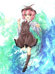 Rule 34 | 1girl, :d, animal ears, bad id, bad pixiv id, dress, fang, frilled dress, frills, hat, highres, miki yanagi, mystia lorelei, no wings, open mouth, pink hair, short hair, smile, socks, solo, touhou, wide sleeves, yellow eyes