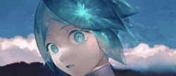 Rule 34 | 1other, aqua eyes, aqua hair, blue sky, colored eyelashes, crystal hair, day, eye reflection, gem uniform (houseki no kuni), highres, houseki no kuni, huli xiaobai, looking at viewer, other focus, parted hair, parted lips, phosphophyllite, phosphophyllite (10000), portrait, reflection, short hair, sky, sparkle, surprised, time paradox