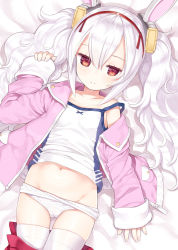 Rule 34 | 1girl, animal ears, azur lane, bed, bed sheet, blush, cameltoe, camisole, capriccio, closed mouth, clothes pull, collarbone, commentary request, fake animal ears, fingernails, flat chest, from above, groin, hair between eyes, hairband, hand up, headgear, jacket, jitome, laffey (azur lane), long hair, long sleeves, looking at viewer, lying, navel, on back, on bed, open clothes, open jacket, panties, panty pull, parted lips, pillow, pink jacket, pocket, rabbit ears, red eyes, red hairband, red skirt, skirt, skirt pull, sleeves past wrists, solo, strap slip, thigh gap, thighhighs, twintails, underwear, unzipped, white panties, white thighhighs, zipper
