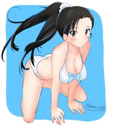 Rule 34 | 10s, 1girl, absurdres, all fours, alternate hairstyle, arm support, ass, asymmetrical bangs, bad id, bad twitter id, bikini, black eyes, black hair, blue background, bow, bow bikini, breasts, butt crack, cleavage, closed mouth, commentary, full body, getsumen suibaku ver. a(c), girls und panzer, highres, kneeling, leaning forward, long hair, looking at viewer, medium breasts, nishi kinuyo, one-hour drawing challenge, outside border, ponytail, rounded corners, scrunchie, smile, solo, swimsuit, twitter username, white bikini, white scrunchie, wind