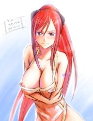Rule 34 | 1girl, apron, bare shoulders, blush, bonnie (rsg), breasts, cleavage, crossed arms, earrings, covered erect nipples, erza scarlet, fairy tail, female focus, jewelry, large breasts, long hair, naked apron, nipple slip, nipples, ponytail, red eyes, red hair, smile, solo, tattoo