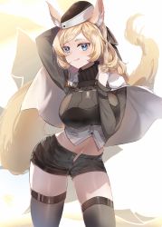 Rule 34 | 1girl, :q, absurdres, animal ear fluff, animal ears, arknights, arm up, black headwear, black shorts, blonde hair, blue eyes, breasts, capelet, commentary, cowboy shot, crop top, grey thighhighs, hand up, highres, horse girl, large breasts, lims (neko2lims), long hair, long sleeves, looking at viewer, midriff, navel, open fly, short shorts, shorts, simple background, smile, solo, standing, stomach, tail, thighhighs, thighs, tongue, tongue out, whislash (arknights), white background, white capelet