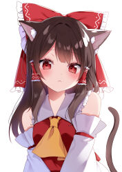 Rule 34 | 1girl, :&lt;, animal ear fluff, animal ears, ascot, bare shoulders, blush, bow, brown hair, cat ears, cat tail, detached sleeves, frilled bow, frills, hair bow, hair tubes, hakurei reimu, highres, kemonomimi mode, long hair, looking at viewer, red bow, red eyes, ribbon-trimmed sleeves, ribbon trim, shinonome asu, solo, tail, touhou, white background, yellow ascot