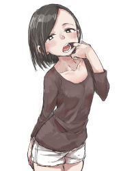 Rule 34 | 1girl, absurdres, black hair, brown eyes, finger in own mouth, highres, long sleeves, mouth pull, original, short hair, shorts, simple background, solo, teeth, tongue, white background, yamamoto souichirou