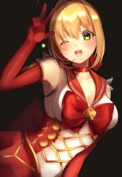 Rule 34 | 1girl, ahoge, alternate costume, black background, breasts, cleavage, corset, fate/extra, fate (series), highres, looking at viewer, magical girl, nero claudius (fate), nero claudius (fate) (all), nero claudius (fate/extra), red sailor collar, sailor collar, simple background, solo, unofficial sailor senshi uniform, v, yayoi maka
