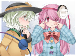 Rule 34 | 2girls, bow, bowtie, circle, commentary request, cross, crying, crying with eyes open, closed eyes, green eyes, green hair, hammer (sunset beach), hat, hat bow, hat ribbon, hata no kokoro, komeiji koishi, long hair, long sleeves, mask, multiple girls, pink eyes, pink hair, plaid, plaid shirt, ribbon, shirt, sweat, tears, thinking, third eye, touhou, triangle, twitching, wavy mouth