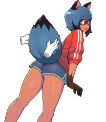 Rule 34 | 1girl, animal ears, ass, blue eyes, blue hair, blue tail, brand new animal, breasts, commentary, dark-skinned female, dark skin, disembodied hand, dolphin shorts, donburi (donburikazoku), fang, from behind, furry, furry female, highres, jacket, kagemori michiru, looking at viewer, raccoon ears, raccoon girl, raccoon tail, short hair, shorts, simple background, solo, tail, tail fondling, tanuki, track jacket, white background