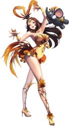 Rule 34 | 1girl, alternate costume, arm up, bare shoulders, breasts, brown hair, chaos online, dancing, detached collar, elephant, feathers, full body, garitos, high heels, highres, leotard, long hair, looking at viewer, love cacao, official art, open mouth, solo, transparent background
