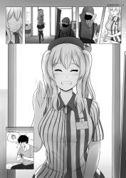 Rule 34 | 10s, 1boy, 1girl, beanie, blush, comic, employee uniform, greyscale, grin, hat, heart, indoors, kantai collection, kashima (kancolle), lawson, monochrome, outdoors, robba-san (wangphing), shirt, short sleeves, ski mask, smile, striped clothes, striped shirt, thighhighs, twintails, twitter username, uniform, vertical-striped clothes, vertical-striped shirt, wangphing