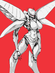 Rule 34 | armored core, armored core 6, arms at sides, breasts, cowboy shot, highres, humanization, ibis-series cel-240, large breasts, mecha, mecha focus, mecha musume, red background, robot, science fiction, simple background, sketch, zer0.zer0