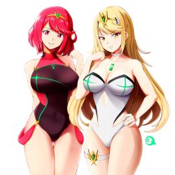 Rule 34 | 2girls, absurdres, blonde hair, breasts, cleavage, commentary, competition swimsuit, covered navel, earrings, english commentary, gem, hair ornament, headpiece, highres, jewelry, large breasts, long hair, looking at viewer, multiple girls, mythra (radiant beach) (xenoblade), mythra (xenoblade), nintendo, one-piece swimsuit, pyra (pro swimmer) (xenoblade), pyra (xenoblade), red eyes, red hair, short hair, simple background, standing, strapless, strapless one-piece swimsuit, swimsuit, teeth, thigh strap, thighs, tiara, turtleneck, very long hair, white background, whitelie, xenoblade chronicles (series), xenoblade chronicles 2, yellow eyes