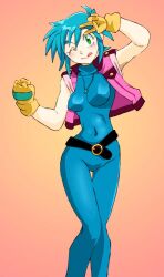 Rule 34 | 1girl, allenby beardsley, belt, blue bodysuit, blue hair, blue unitard, bodysuit, breasts, commentary request, cropped jacket, g gundam, gloves, green eyes, gundam, jacket, jewelry, looking at viewer, medium breasts, necklace, one eye closed, onnaski, short hair, skin tight, smile, solo, tongue, tongue out, v