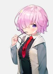 Rule 34 | 1girl, ayami (annahibi), black-framed eyewear, breasts, collared shirt, commentary request, fate/grand order, fate (series), glasses, hair over one eye, hood, hoodie, looking at viewer, mash kyrielight, medium breasts, necktie, open clothes, open hoodie, purple eyes, purple hair, red necktie, shirt, short hair, simple background, solo, upper body