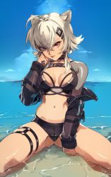 Rule 34 | 1girl, breasts, buckle, cleavage, grey hair, highres, indie virtual youtuber, jacket, kneeling, looking at viewer, optionaltypo, partially submerged, red eyes, saruei (vtuber), scar, scar across eye, scar on face, short shorts, shorts, solo, swimsuit, thigh strap, virtual youtuber, water