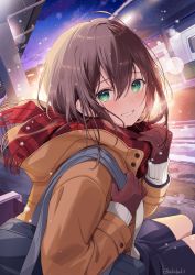Rule 34 | 1girl, akamoku, bag, banned artist, blue skirt, blush, brown gloves, brown hair, brown jacket, dutch angle, gloves, green eyes, grin, hair between eyes, highres, hood, jacket, leather, leather gloves, light, looking at viewer, medium hair, miniskirt, night, open clothes, open jacket, original, plaid, plaid scarf, railroad tracks, red scarf, scarf, sitting, skirt, smile, snow, snowing, solo, steam, sweater, thighs, train, train station, twitter username, watermark, white sweater